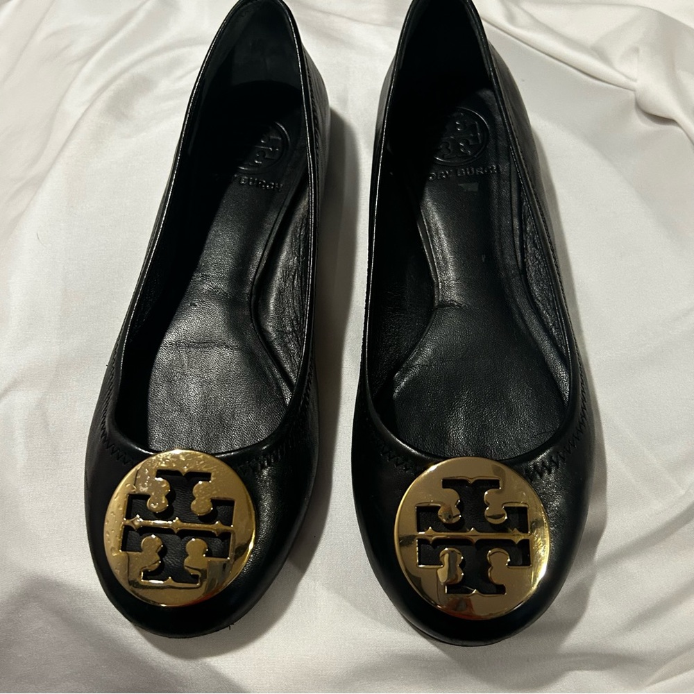 Tory Burch Black and Gold Leather Loafers